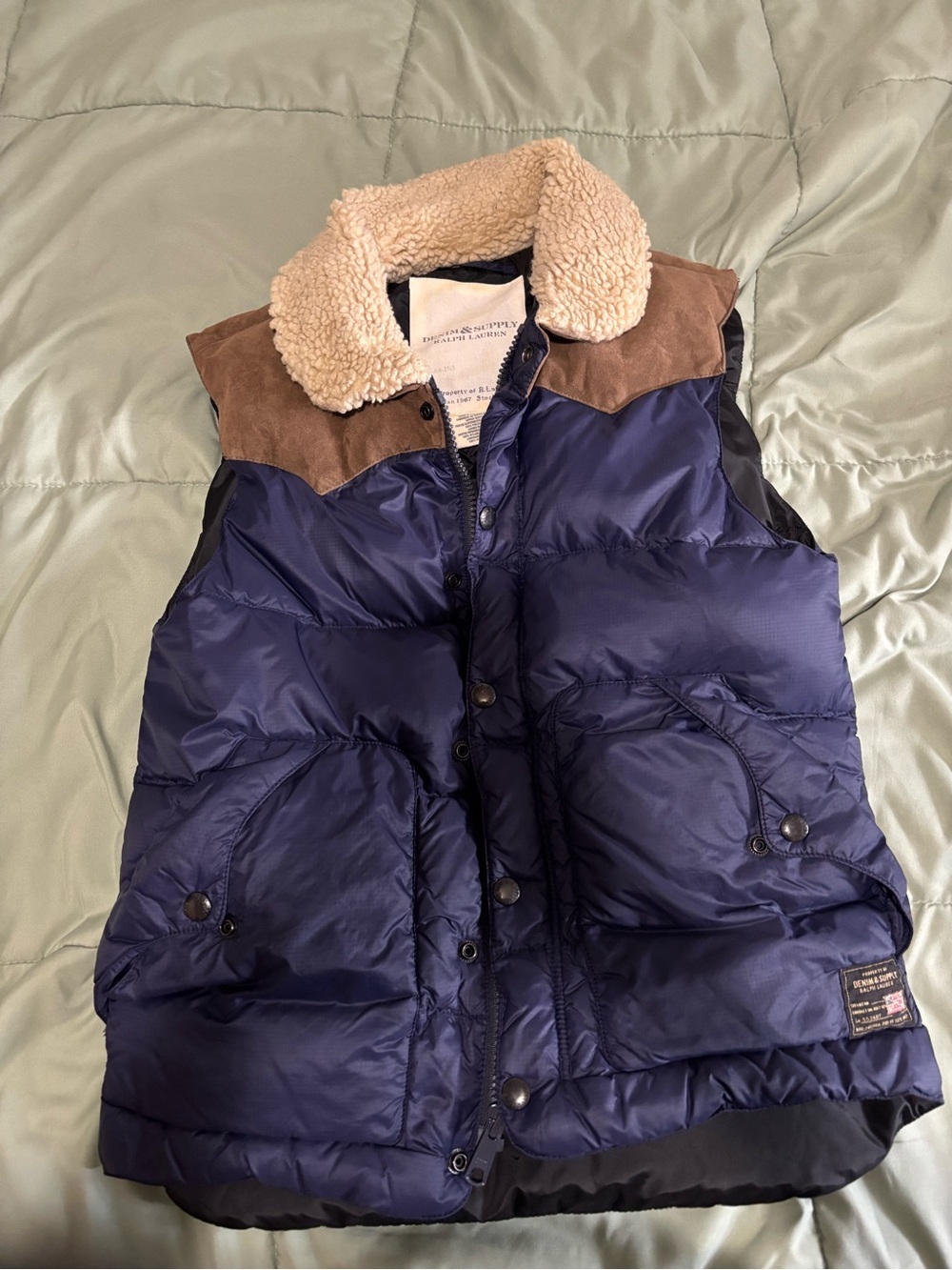Polo by Ralph Lauren Navy Puffer Vest with Cream Sherpa Collar